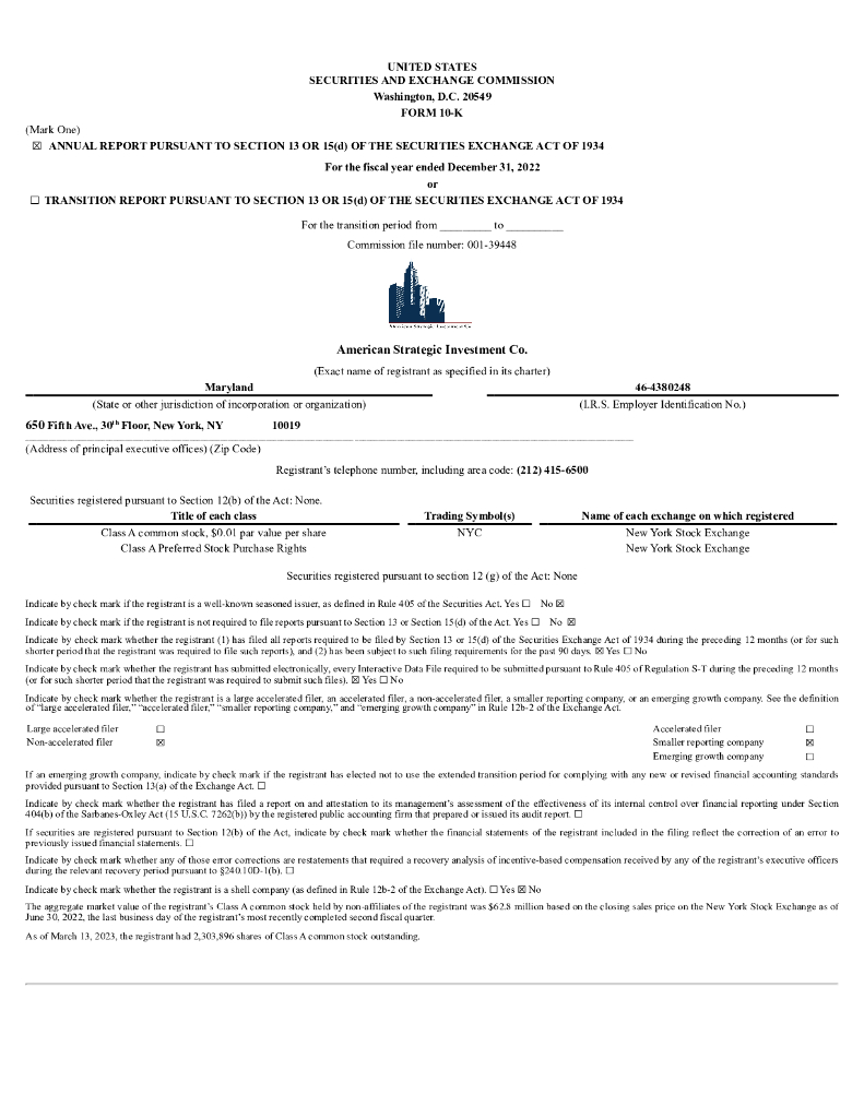 American Strategic Investment Co.（NYC）2022财年年度报告（英文版）