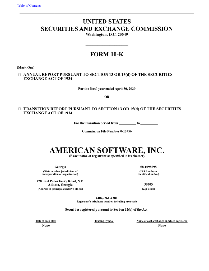 American Software Inc.（AMSWA）2020财年年度报告（英文版）