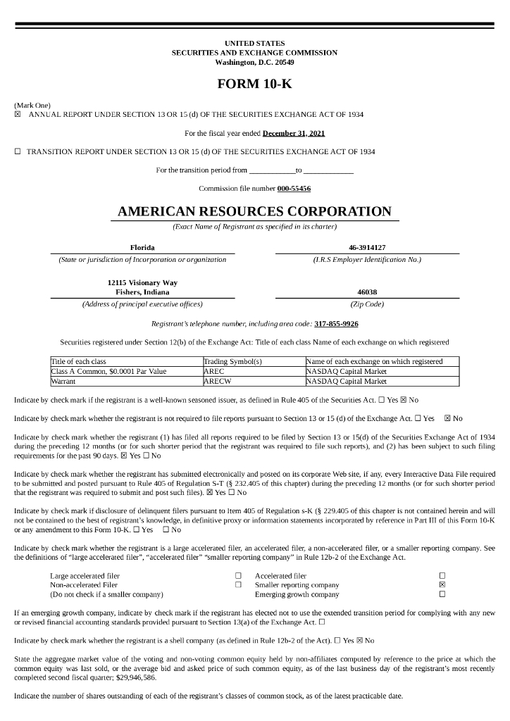 American Resources Corporation（AREC）2021财年年度报告（英文版）