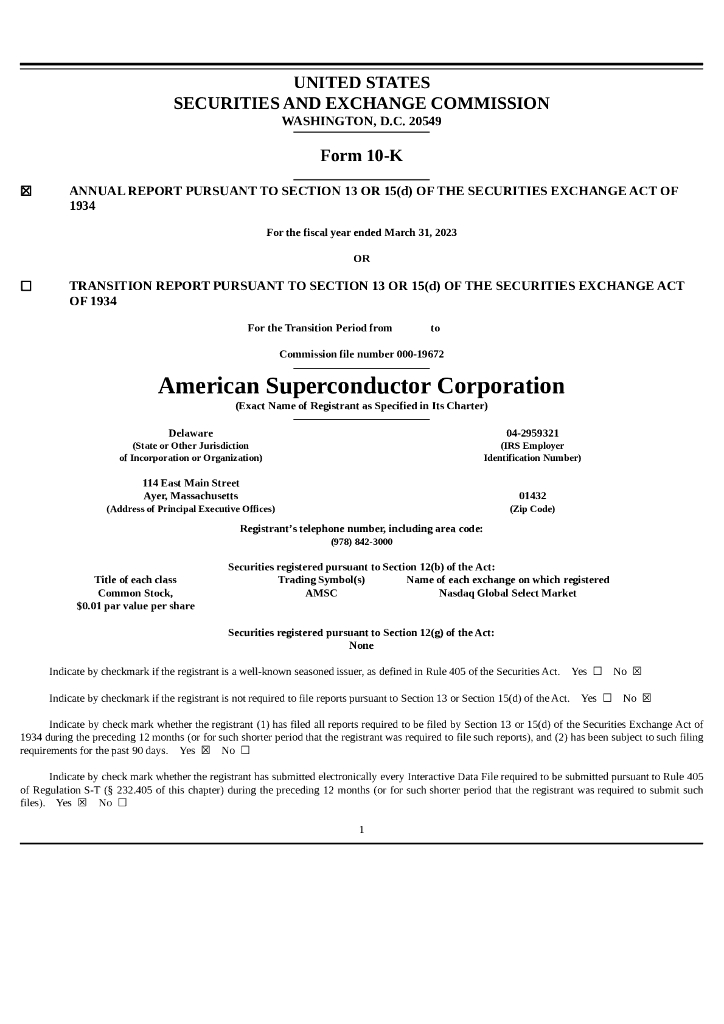 American Superconductor Corporation（AMSC）2023财年年度报告（英文版）