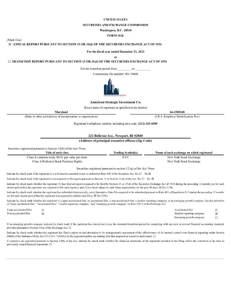 American Strategic Investment Co.（NYC）2023财年年度报告（英文版）