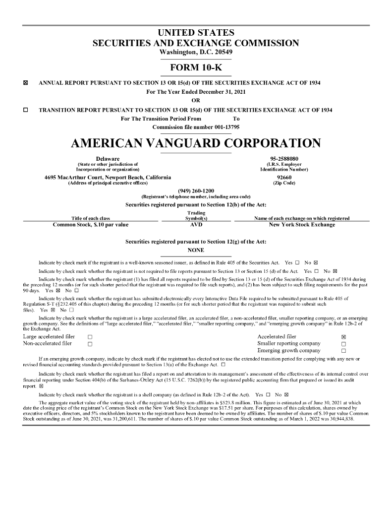 American Vanguard Corp.（AVD）2021财年年度报告（英文版）