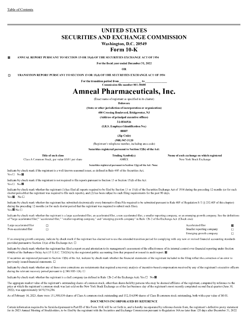 Amneal Pharmaceuticals, Inc.（AMRX）2022财年年度报告（英文版）