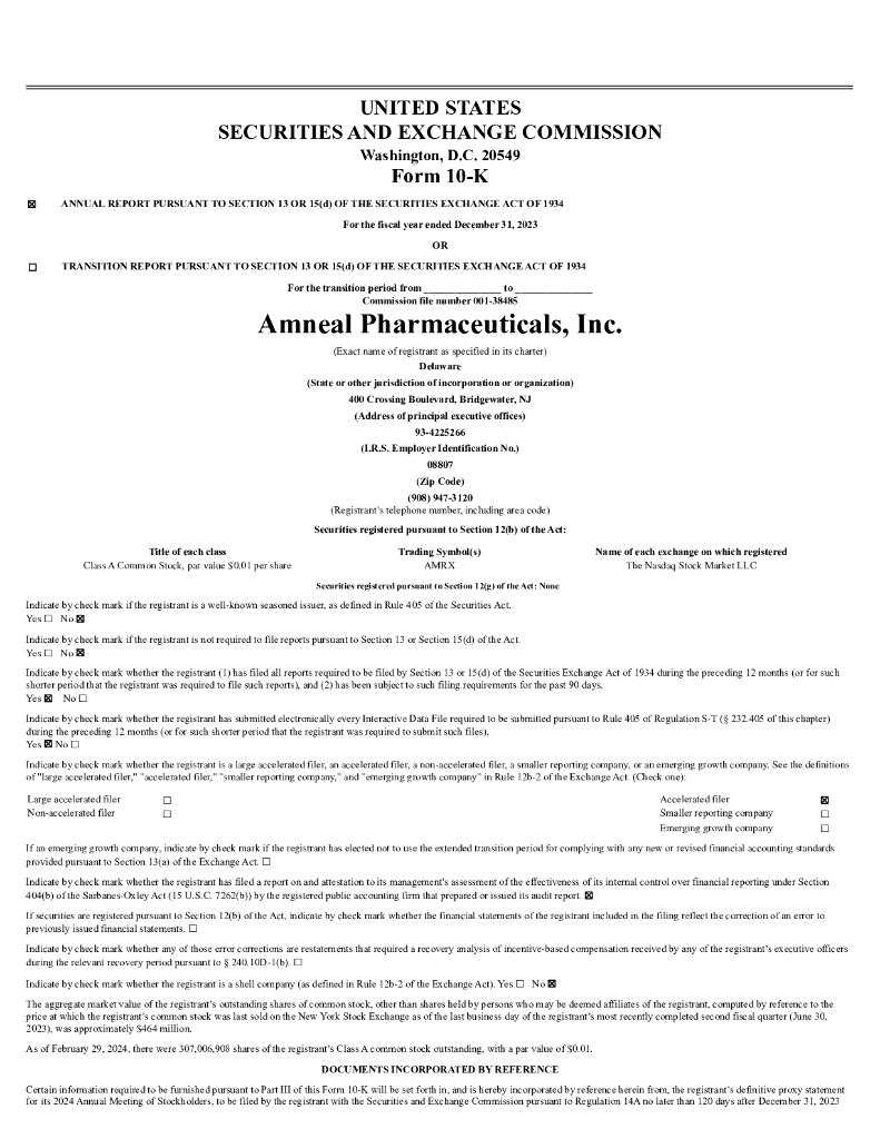 Amneal Pharmaceuticals, Inc.（AMRX）2023财年年度报告（英文版）