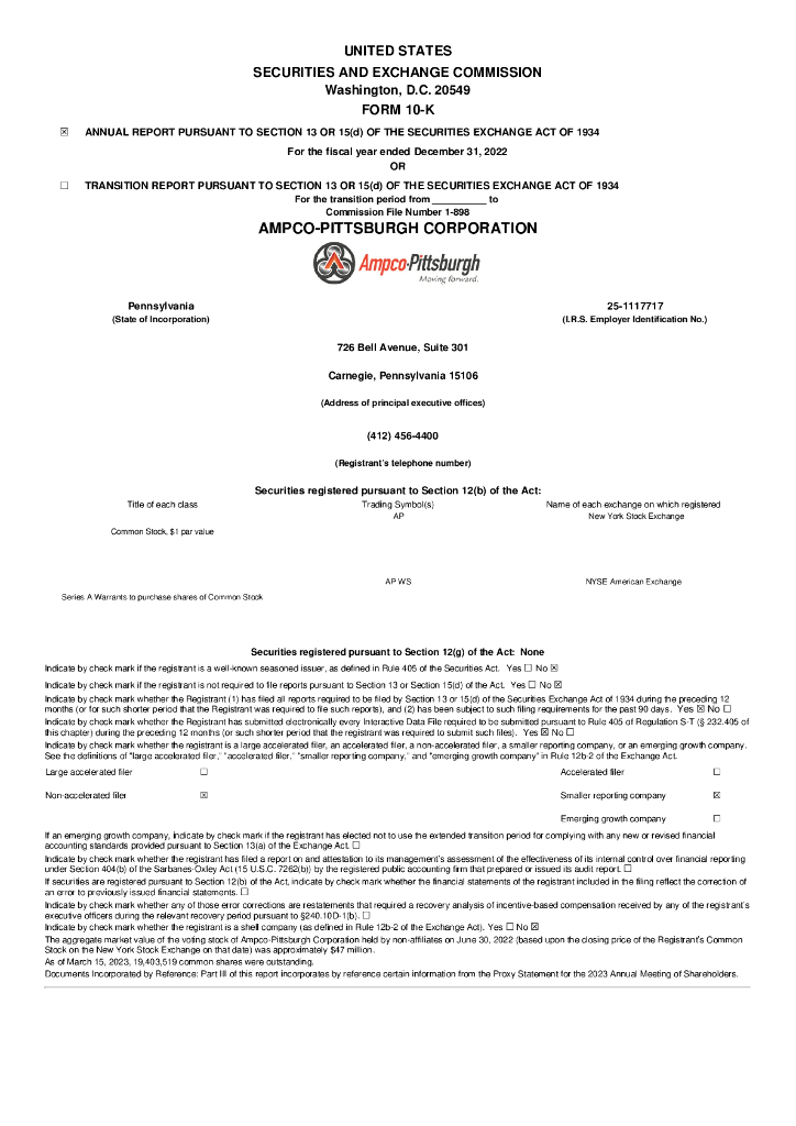 Ampco-Pittsburgh Corporation（AP）2022财年年度报告（英文版）