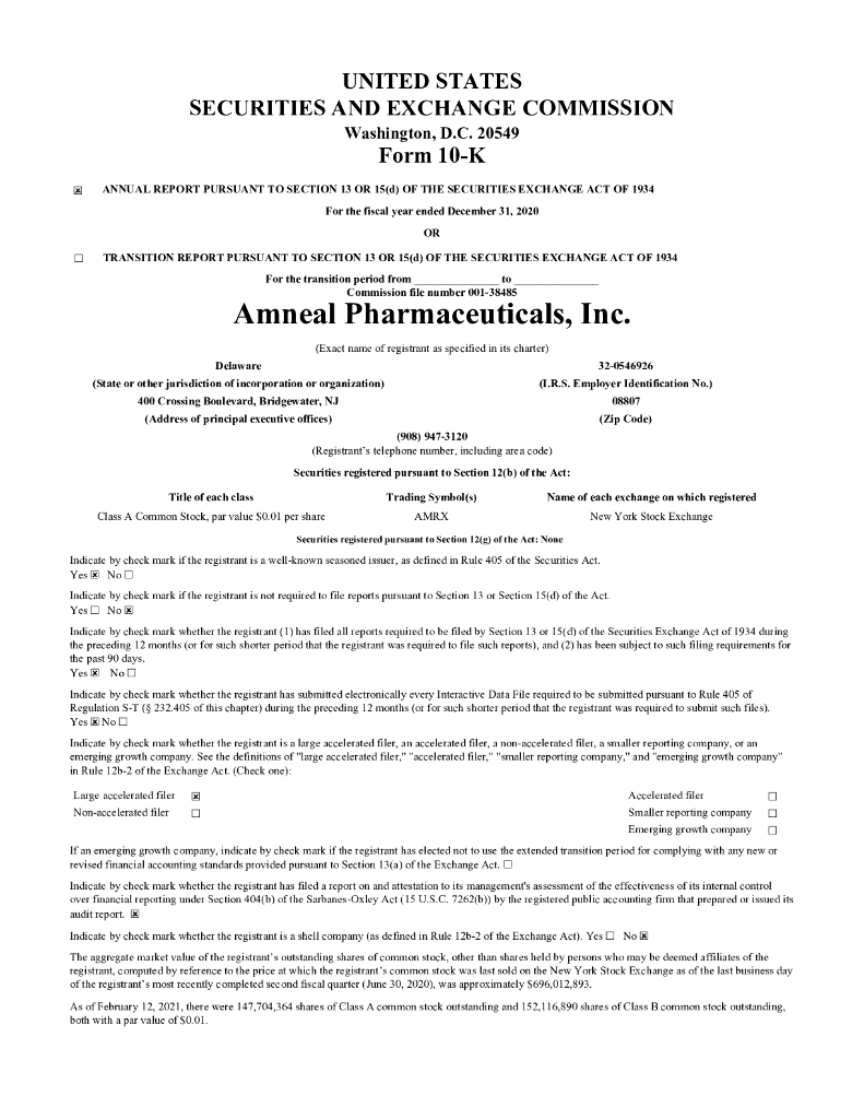 Amneal Pharmaceuticals, Inc.（AMRX）2020财年年度报告（英文版）