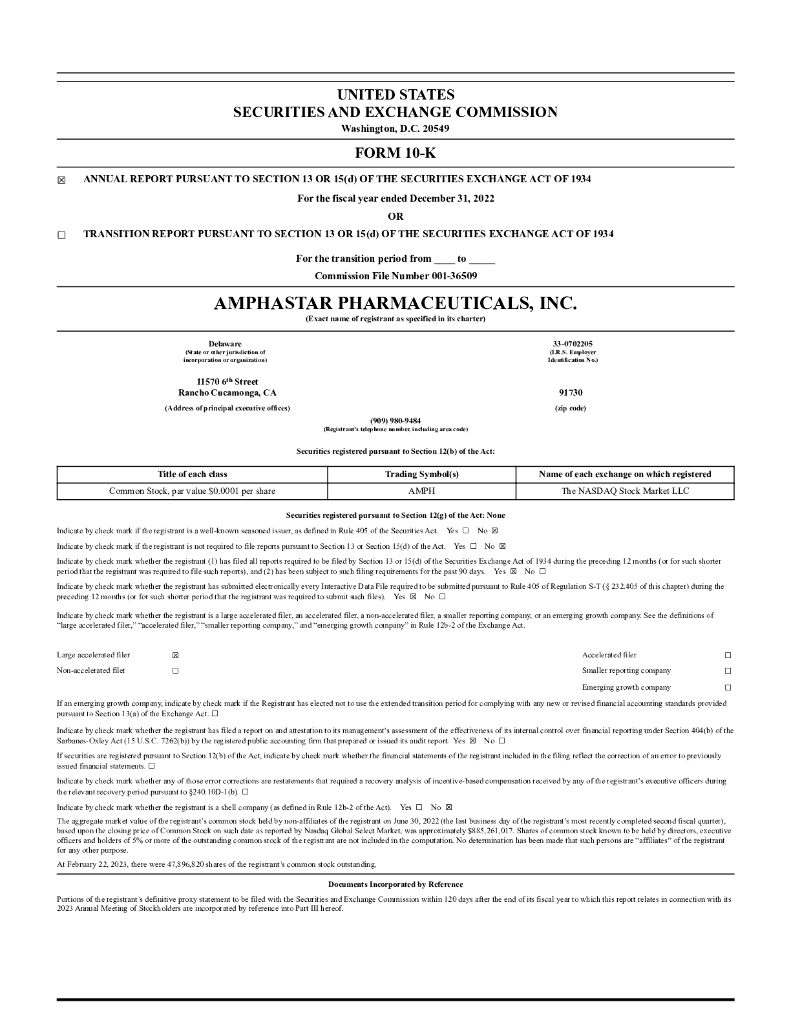 Amphastar Pharmaceuticals Inc（AMPH）2022财年年度报告（英文版）