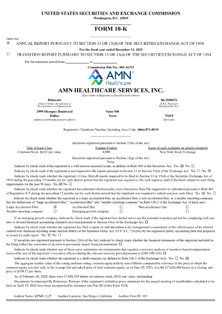 AMN Healthcare Services Inc.（AMN）2023财年年度报告（英文版）