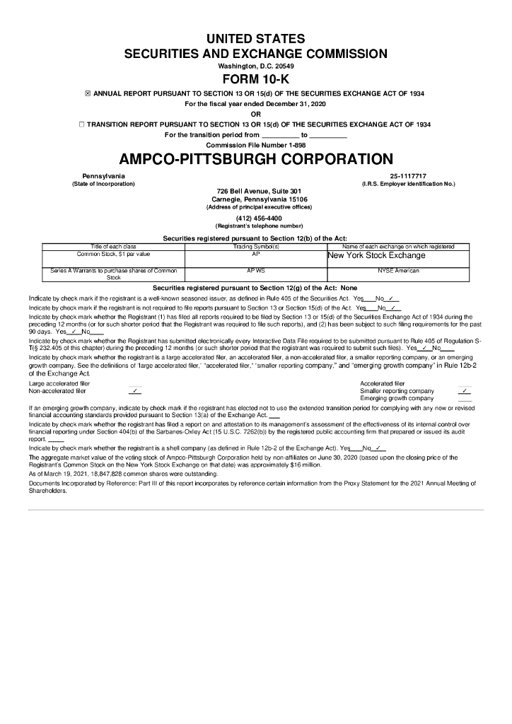 Ampco-Pittsburgh Corporation（AP）2020财年年度报告（英文版）