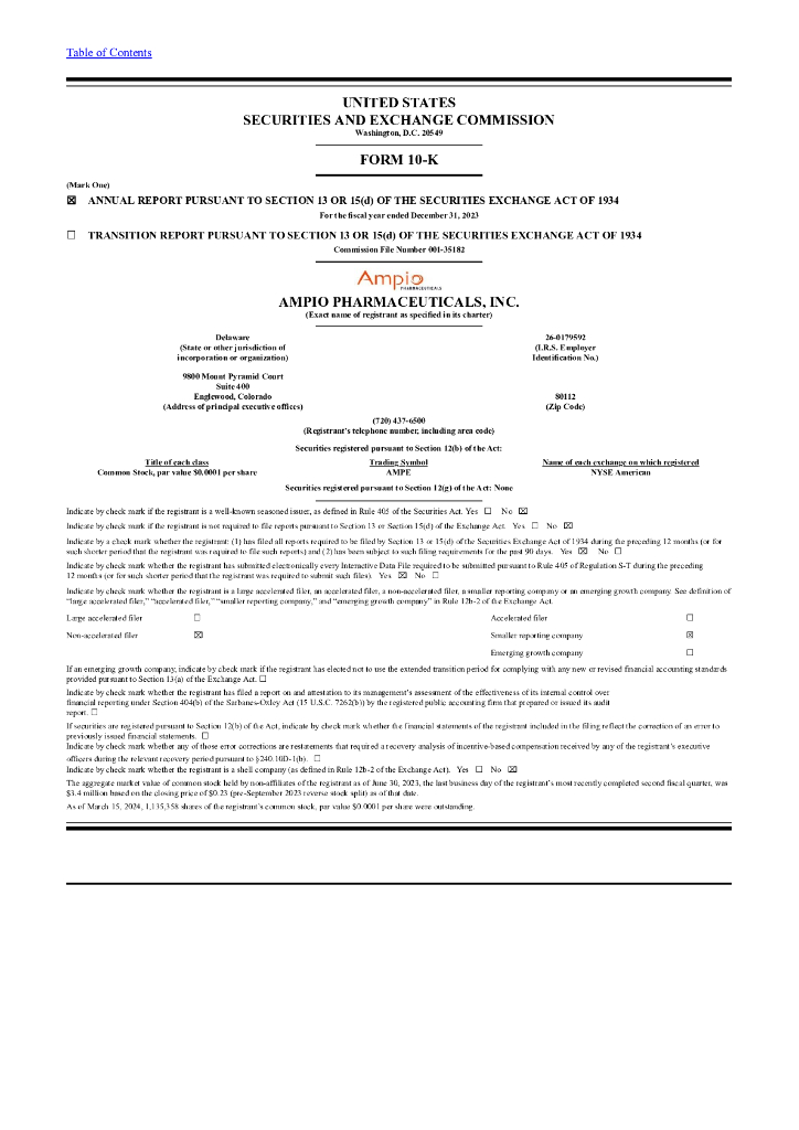 Ampio Pharmaceuticals（AMPE）2023财年年度报告（英文版）