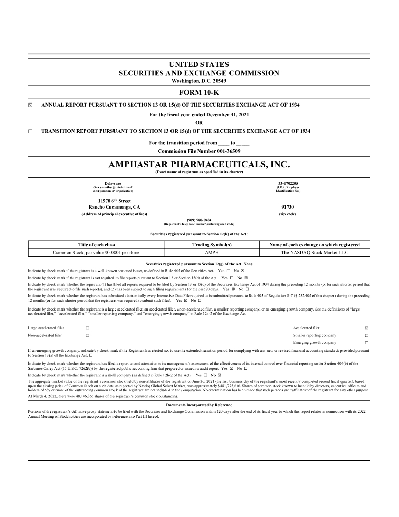 Amphastar Pharmaceuticals Inc（AMPH）2021财年年度报告（英文版）