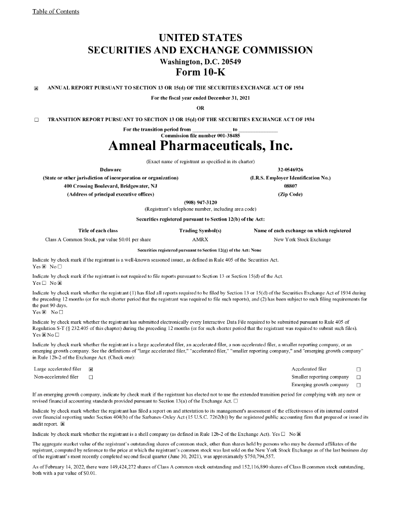 Amneal Pharmaceuticals, Inc.（AMRX）2021财年年度报告（英文版）
