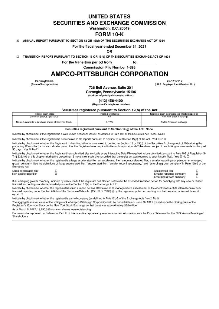 Ampco-Pittsburgh Corporation（AP）2021财年年度报告（英文版）