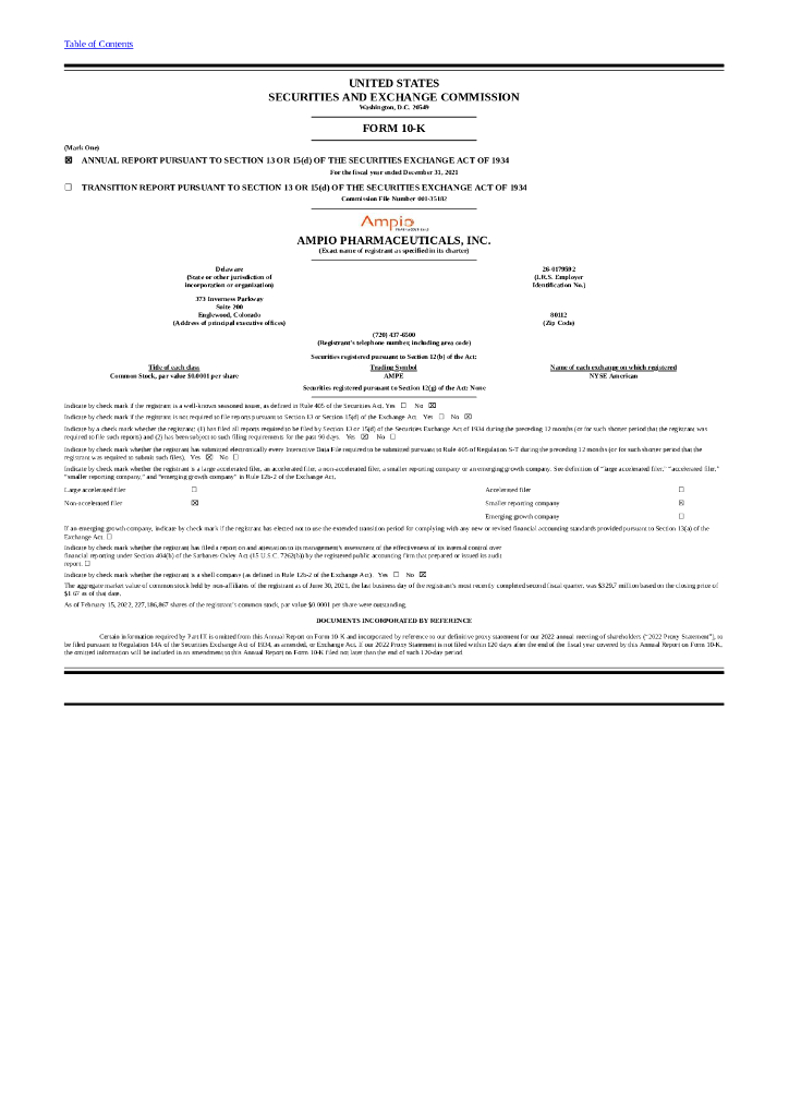 Ampio Pharmaceuticals（AMPE）2021财年年度报告（英文版）