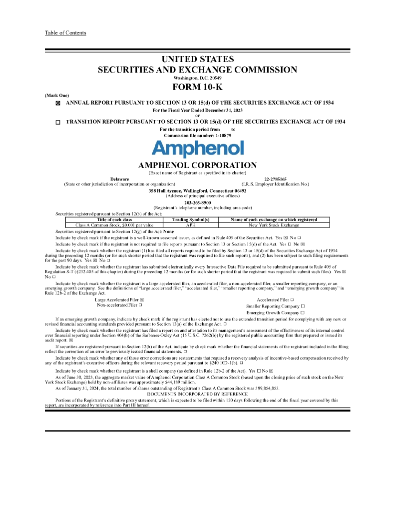 Amphenol Corporation（APH）2023财年年度报告（英文版）