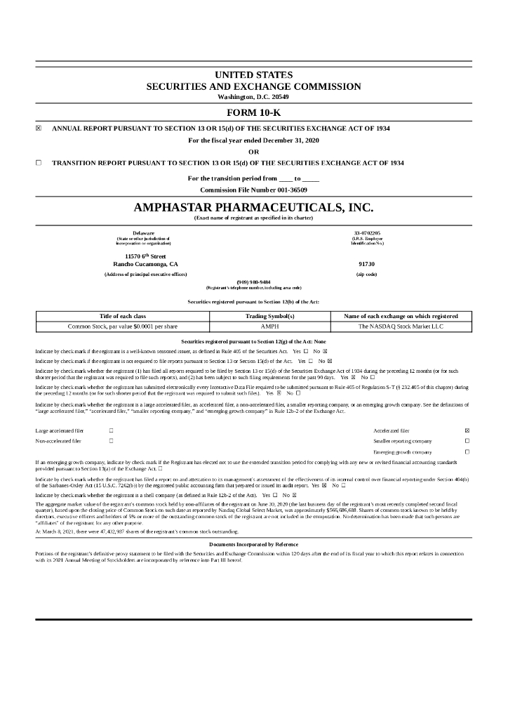 Amphastar Pharmaceuticals Inc（AMPH）2020财年年度报告（英文版）