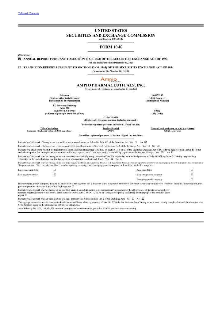 Ampio Pharmaceuticals（AMPE）2020财年年度报告（英文版）