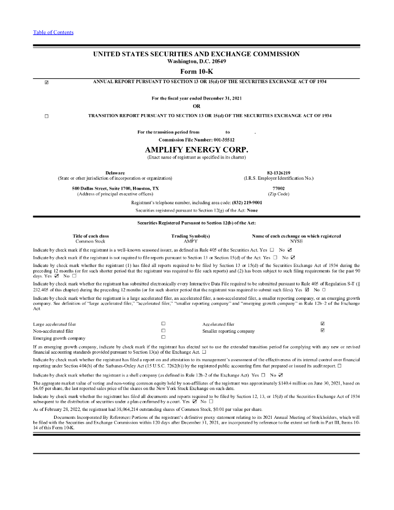 Amplify Energy Corp.（AMPY）2021财年年度报告（英文版）