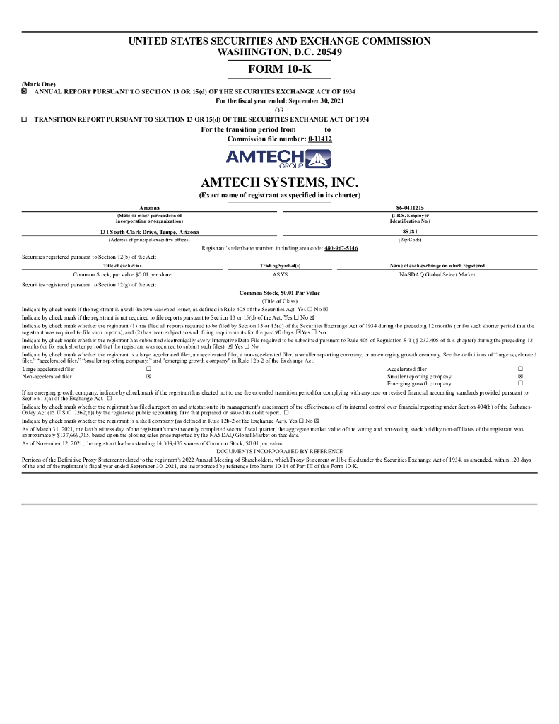 Amtech Systems（ASYS）2021财年年度报告（英文版）
