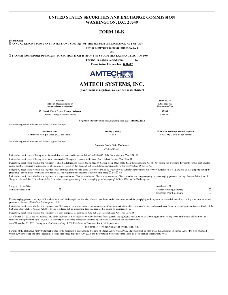 Amtech Systems（ASYS）2022财年年度报告（英文版）