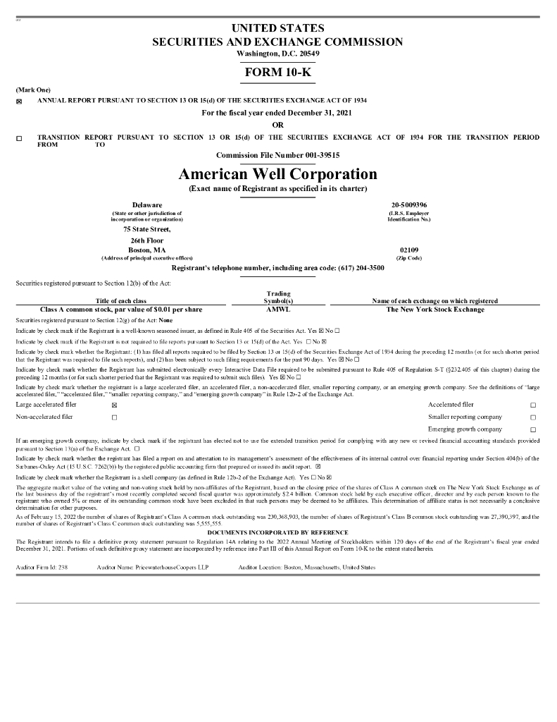 Amwell（AMWL）2021财年年度报告（英文版）