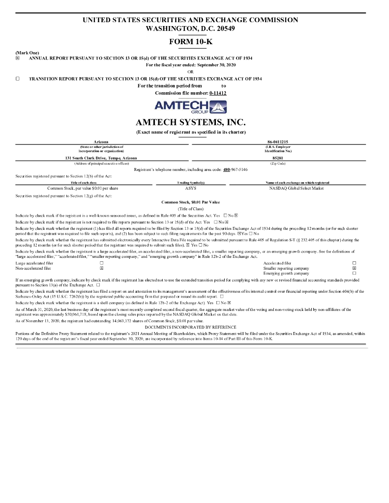Amtech Systems（ASYS）2020财年年度报告（英文版）