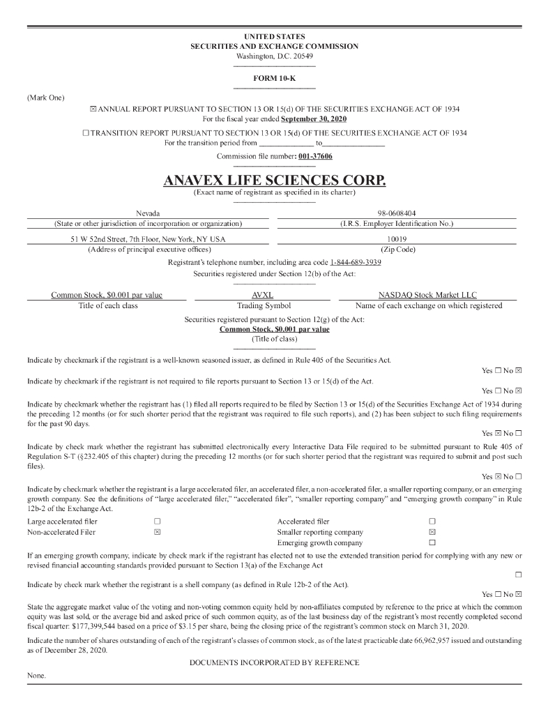 Anavex Life Sciences Corp.（AVXL）2020财年年度报告（英文版）
