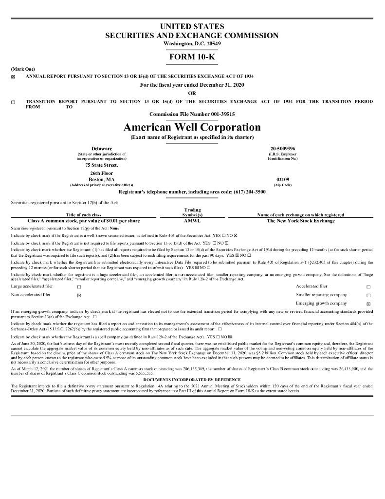 Amwell（AMWL）2020财年年度报告（英文版）