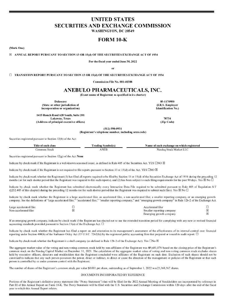 Anebulo Pharmaceuticals, Inc.（ANEB）2022财年年度报告（英文版）