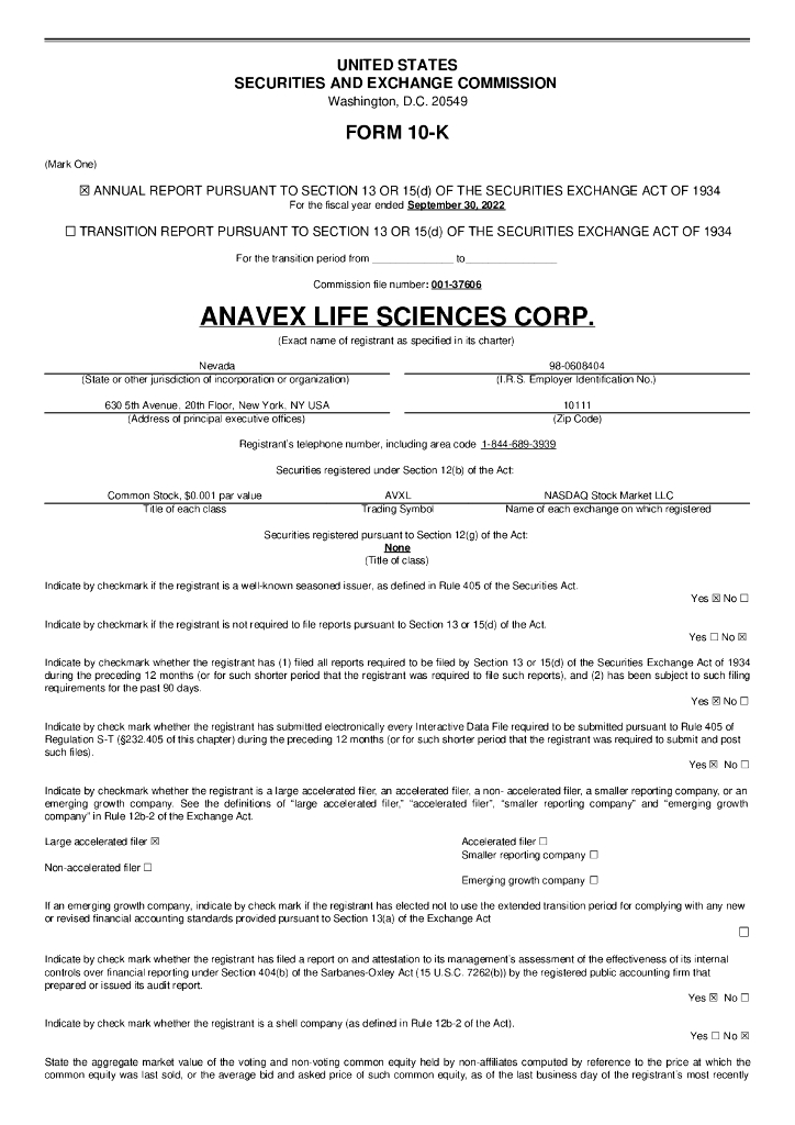 Anavex Life Sciences Corp.（AVXL）2022财年年度报告（英文版）