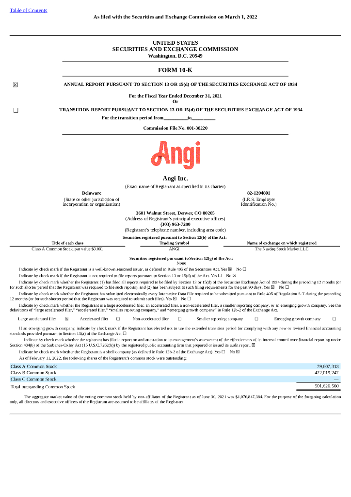 Angi（ANGI）2021财年年度报告（英文版）