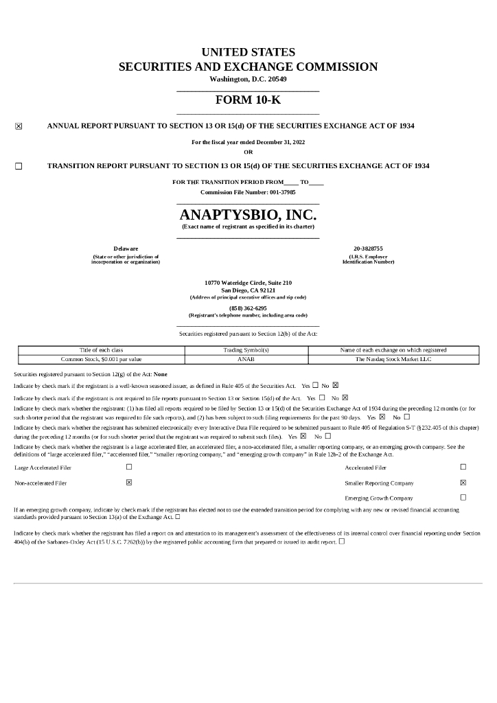 AnaptysBio, Inc.（ANAB）2022财年年度报告（英文版）
