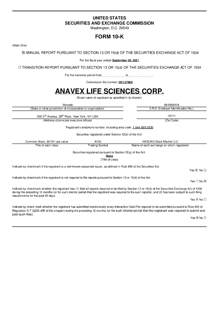 Anavex Life Sciences Corp.（AVXL）2021财年年度报告（英文版）