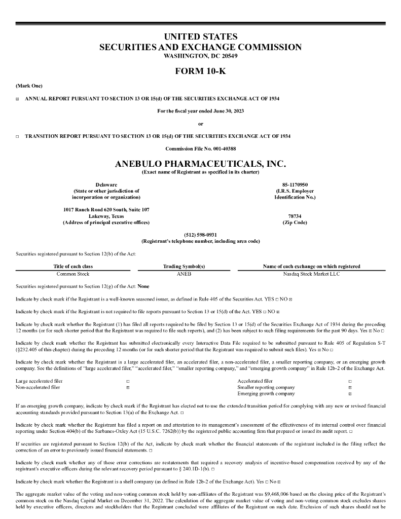 Anebulo Pharmaceuticals, Inc.（ANEB）2023财年年度报告（英文版）