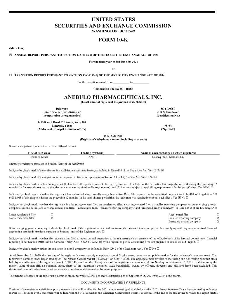 Anebulo Pharmaceuticals, Inc.（ANEB）2021财年年度报告（英文版）