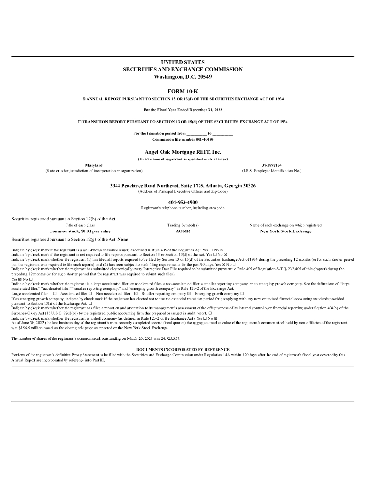 Angel Oak Mortgage REIT, Inc.（AOMR）2022财年年度报告（英文版）