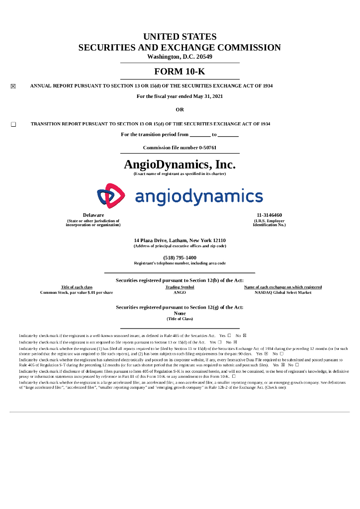 AngioDynamics Inc.（ANGO）2021财年年度报告（英文版）