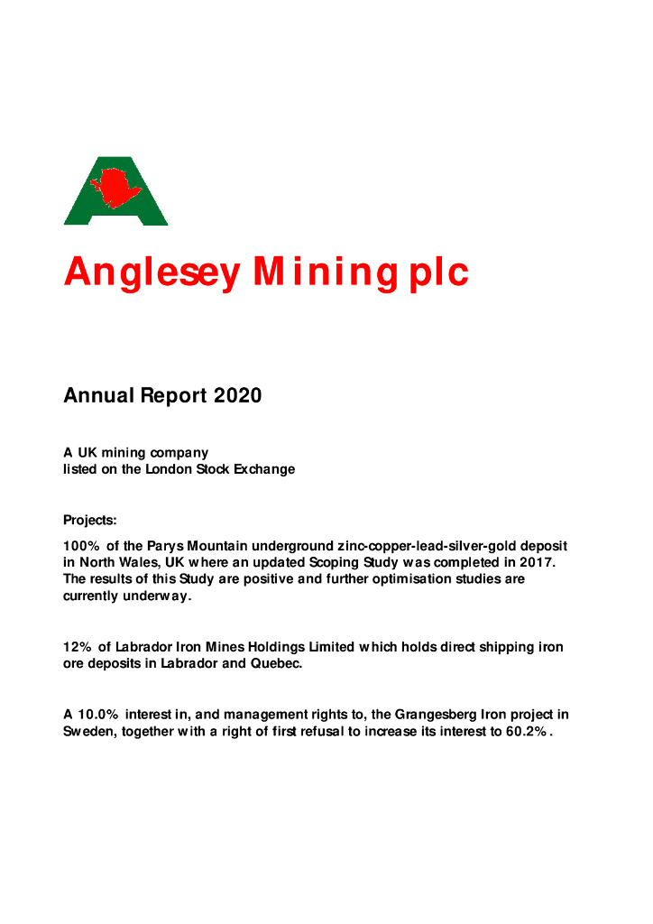 Anglesey Mining Plc（AYM）2020财年年度报告（英文版）