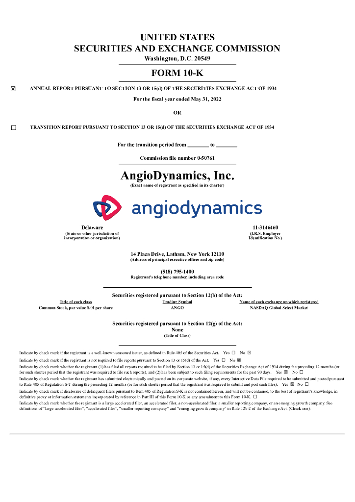 AngioDynamics Inc.（ANGO）2022财年年度报告（英文版）
