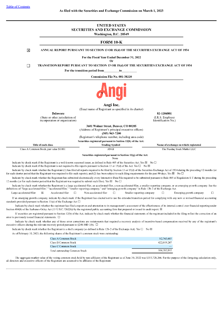 Angi（ANGI）2022财年年度报告（英文版）