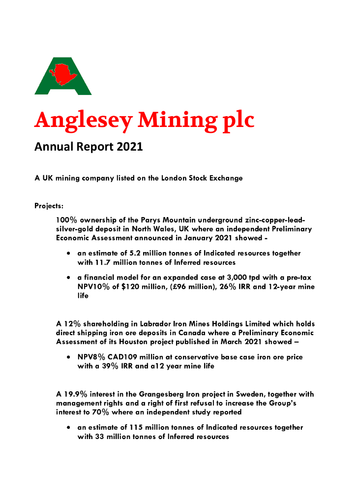 Anglesey Mining Plc（AYM）2021财年年度报告（英文版）