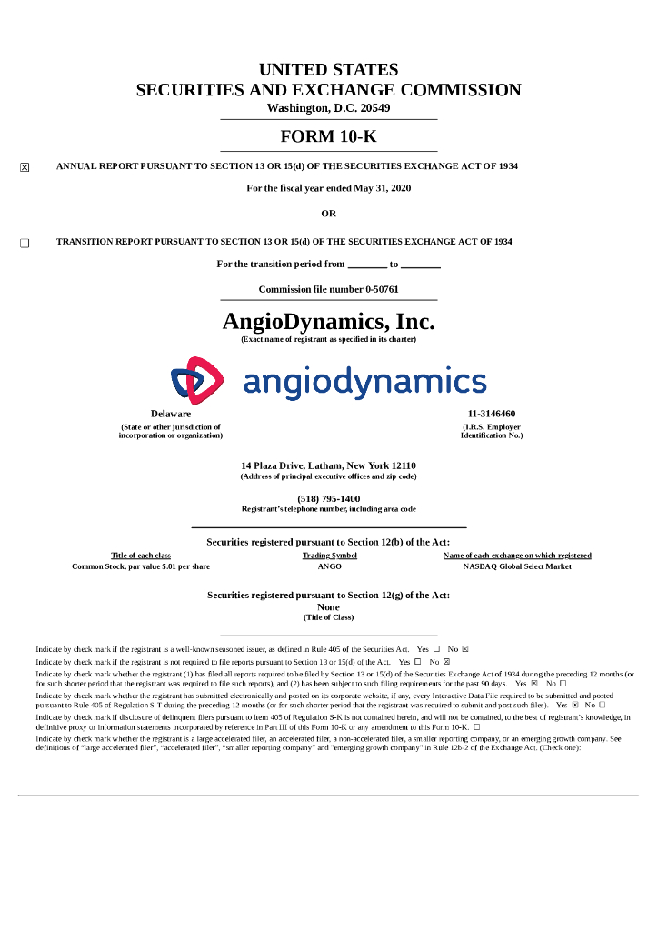 AngioDynamics Inc.（ANGO）2020财年年度报告（英文版）