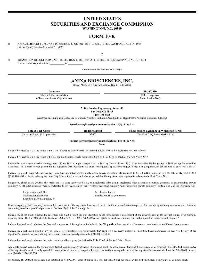 Anixa Biosciences, Inc.（ANIX）2023财年年度报告（英文版）