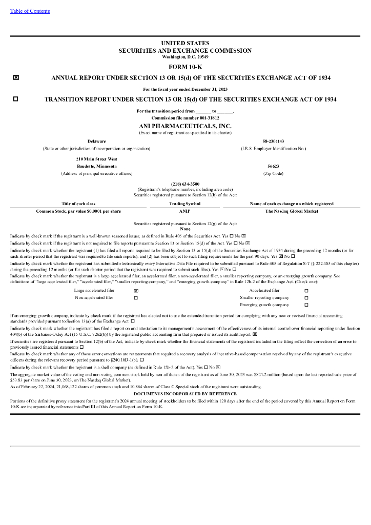 ANI Pharmaceuticals Inc（ANIP）2023财年年度报告（英文版）