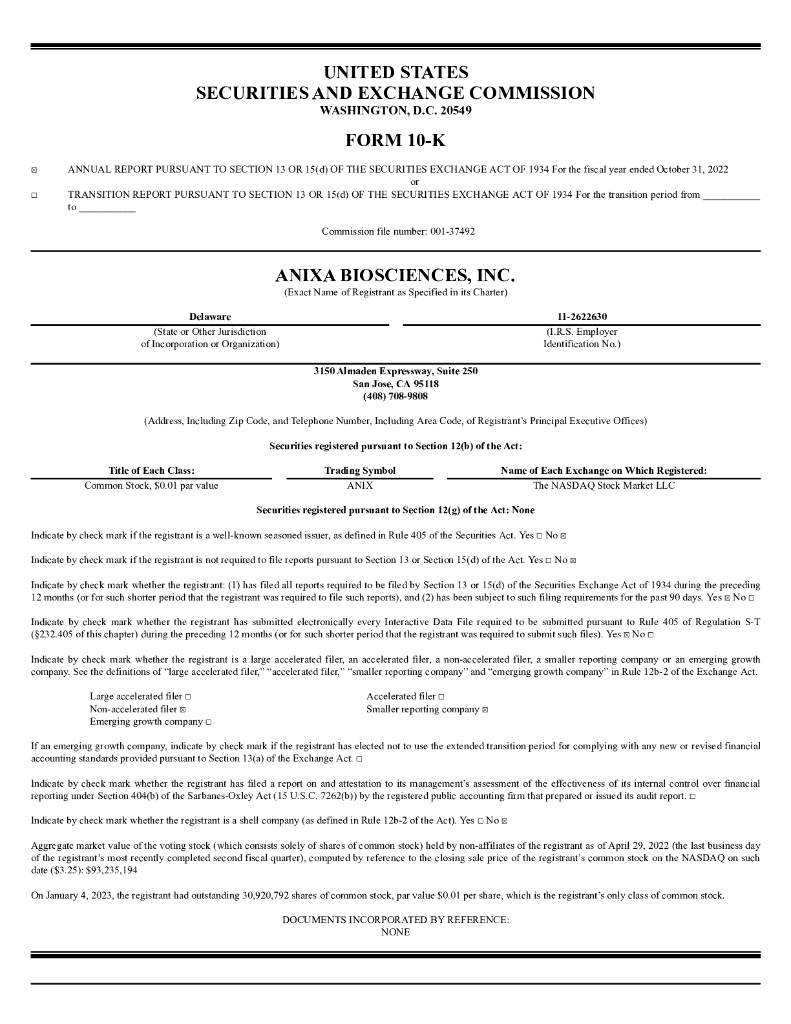 Anixa Biosciences, Inc.（ANIX）2022财年年度报告（英文版）