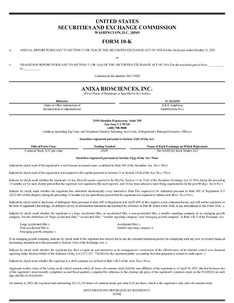 Anixa Biosciences, Inc.（ANIX）2021财年年度报告（英文版）