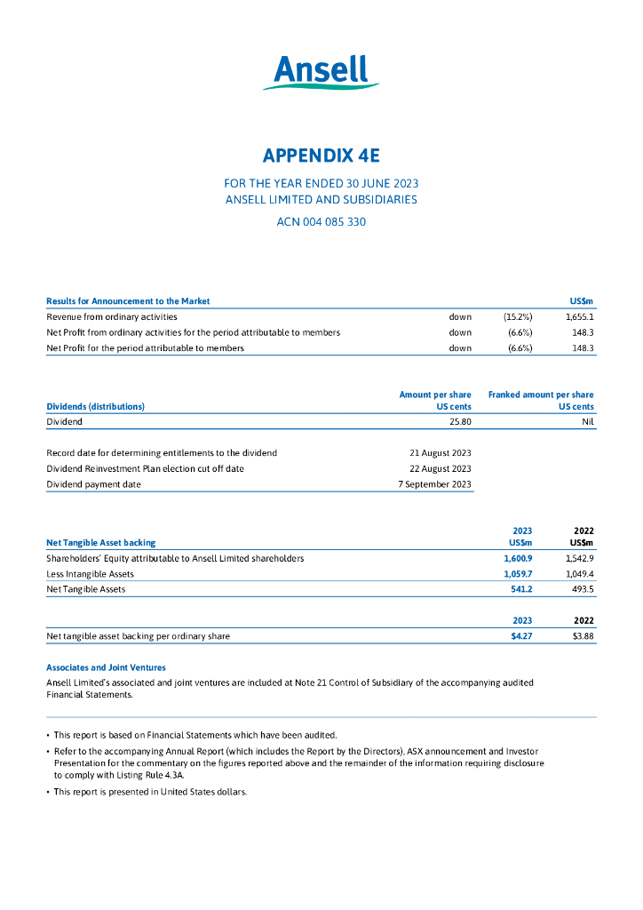 Ansell Limited（ANN）2023财年年度报告（英文版）