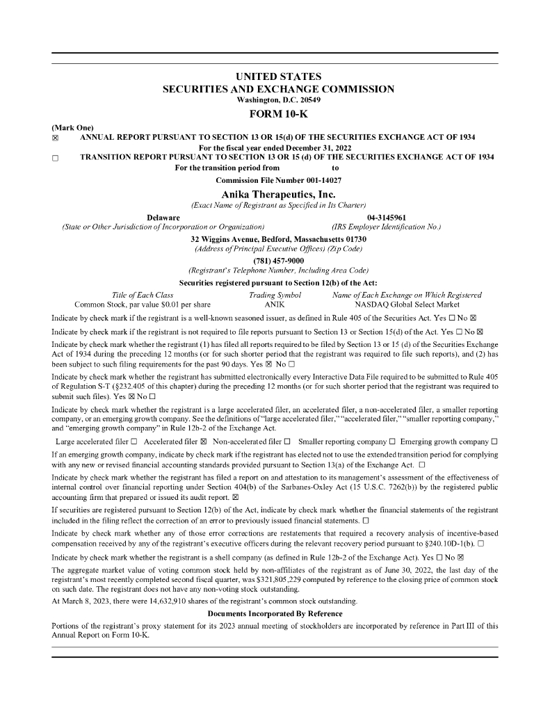 Anika Therapeutics Inc.（ANIK）2022财年年度报告（英文版）