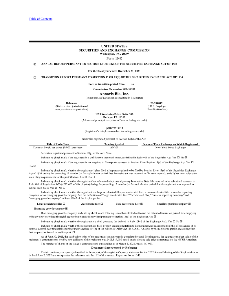 Annovis Bio, Inc.（ANVS）2021财年年度报告（英文版）