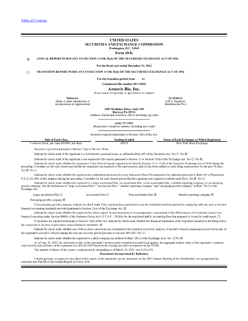 Annovis Bio, Inc.（ANVS）2022财年年度报告（英文版）